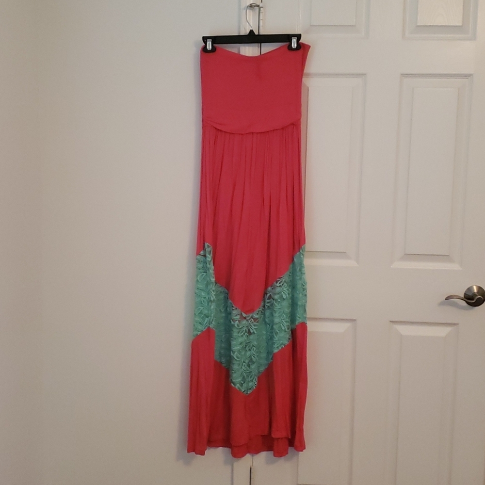 Pink and teal strapless dress